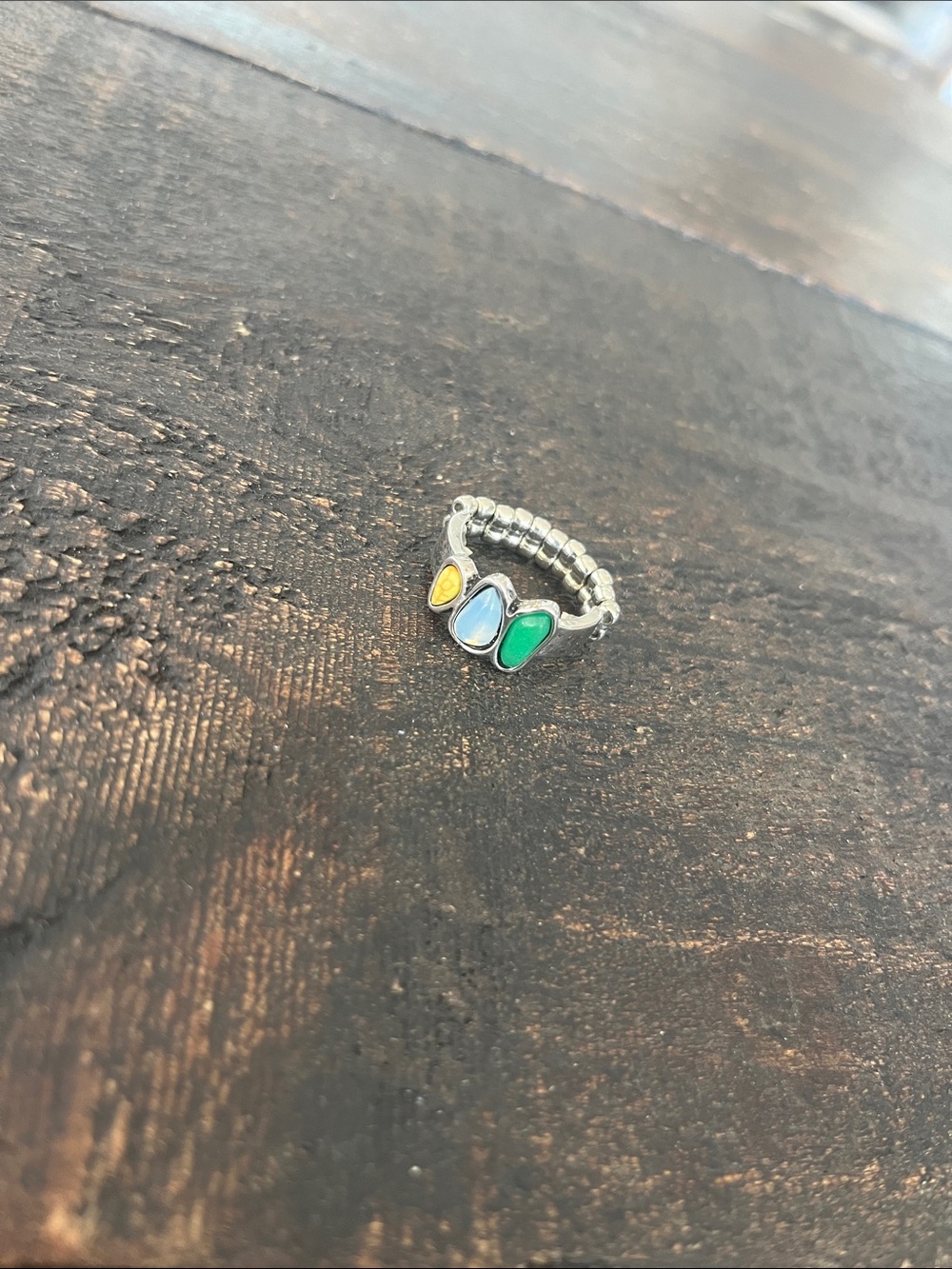 Silver Stretch Ring with Yellow, Blue and Green Teardrop Stones